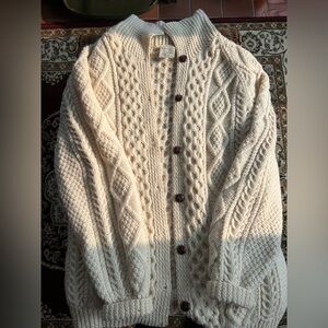 Irish Cable Knit Cardigan Wool Sweater with Leather Buttons